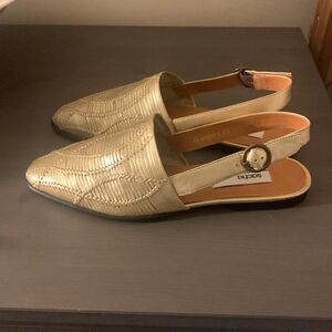 Made in Brazil Sasha London gold sling backs.